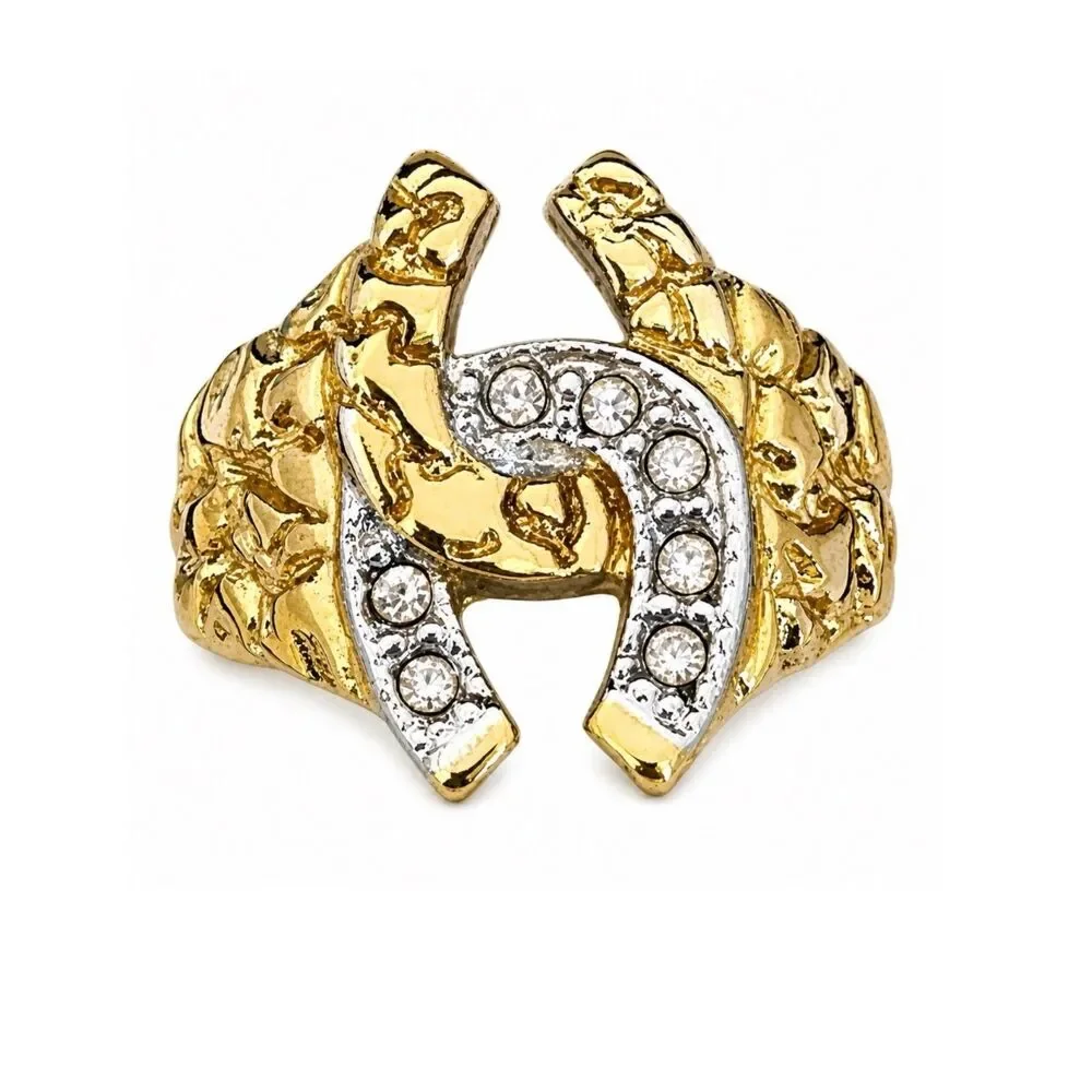 Vintage 1980s Ring Size 8 Horseshoe Nugget Textured CZ Gold Plated - 14P
